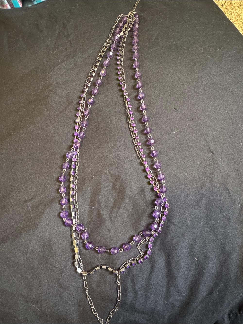 Layered Purple Beaded Women’s Necklace with Silver Chains
